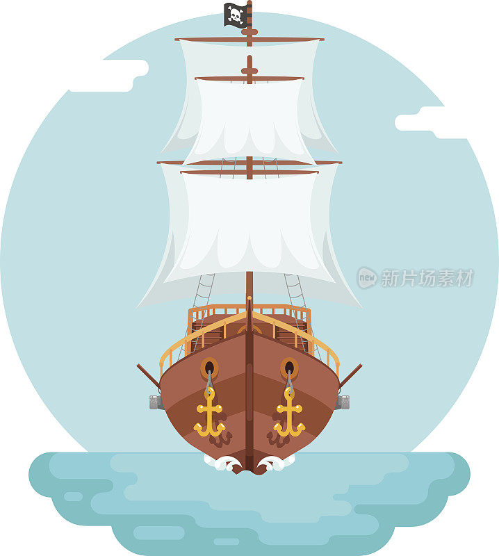 Front View Wooden pirate buccaneer filibuster corsair sea dog ship game icon isolated flat design vector illustration